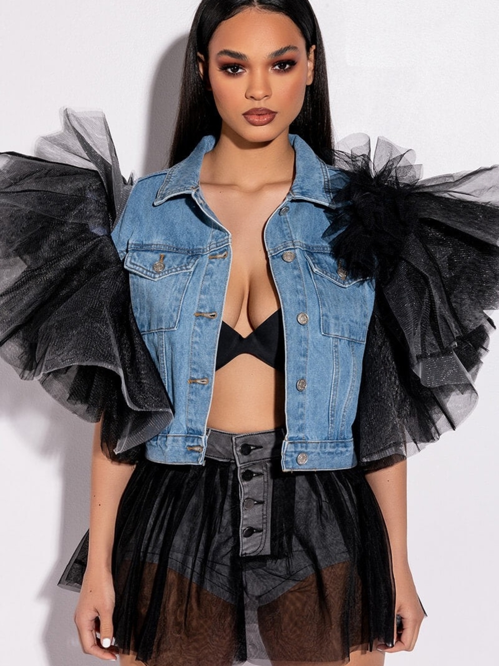 AKIRA Light Blue Denim Jacket with Black Tulle Puff Sleeves